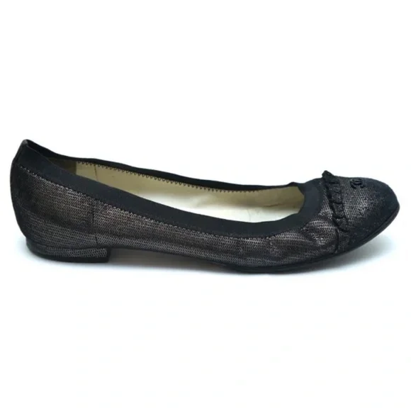 CHANEL Ballet Flats Ruffles Metallic Black Copper CC Logo Stretch Spirit Sz 39.5 - Picture 2 of 10